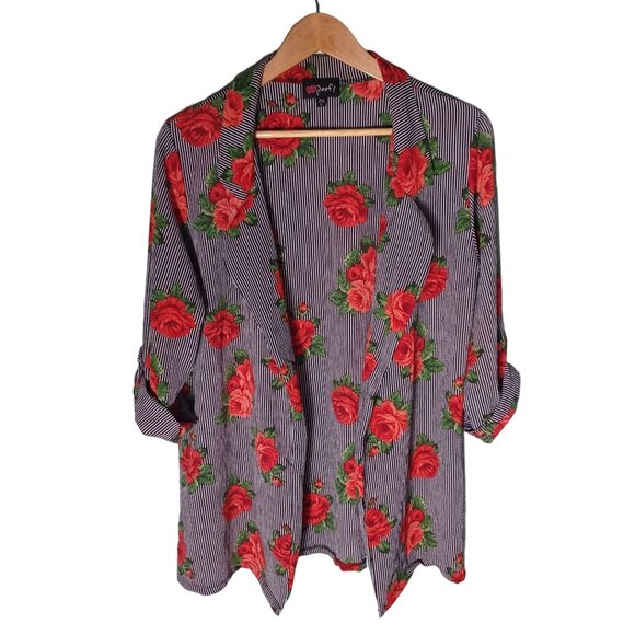 Poof! Open Front Top Womens Large Roses Striped Made in USA Feminine - Picture 1 of 9